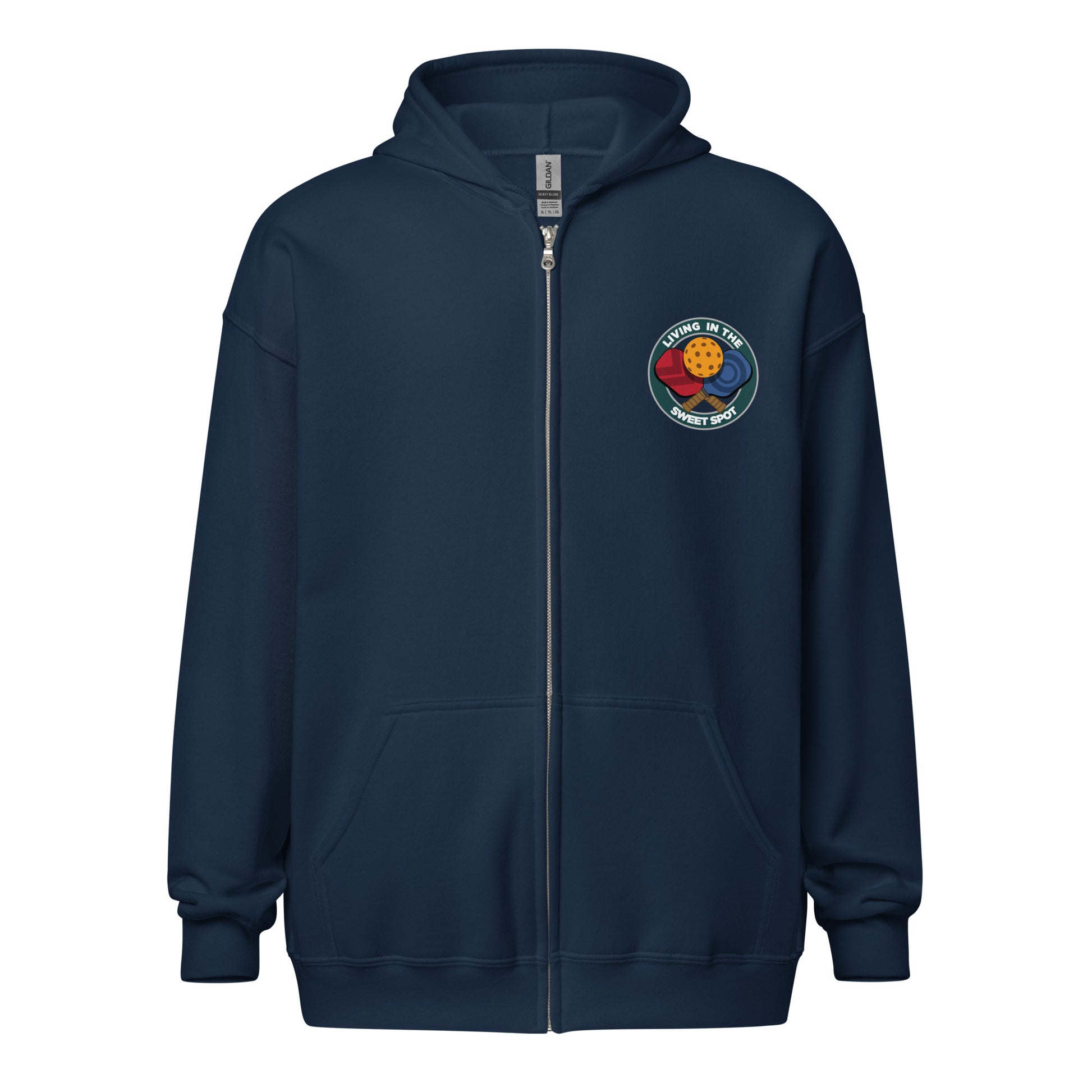 Pickleball Zip Hoodie - "Living in the Sweet Spot" - Crossed Paddles (pocket + back) - DocDink.com