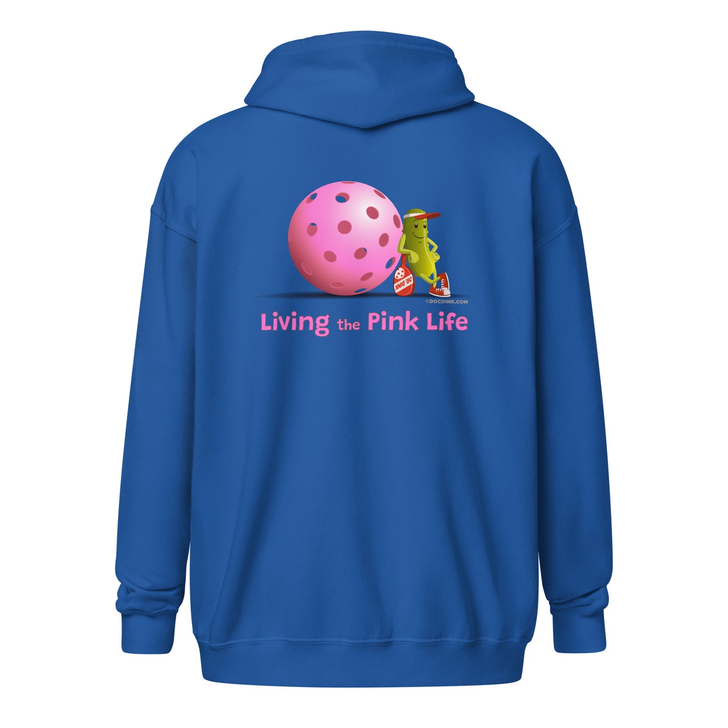 Heavy Zip Hoodie - Resting Pickleball - "Living the Pink Life" (back) + Pink Pickleball (pocket) - DocDink.com