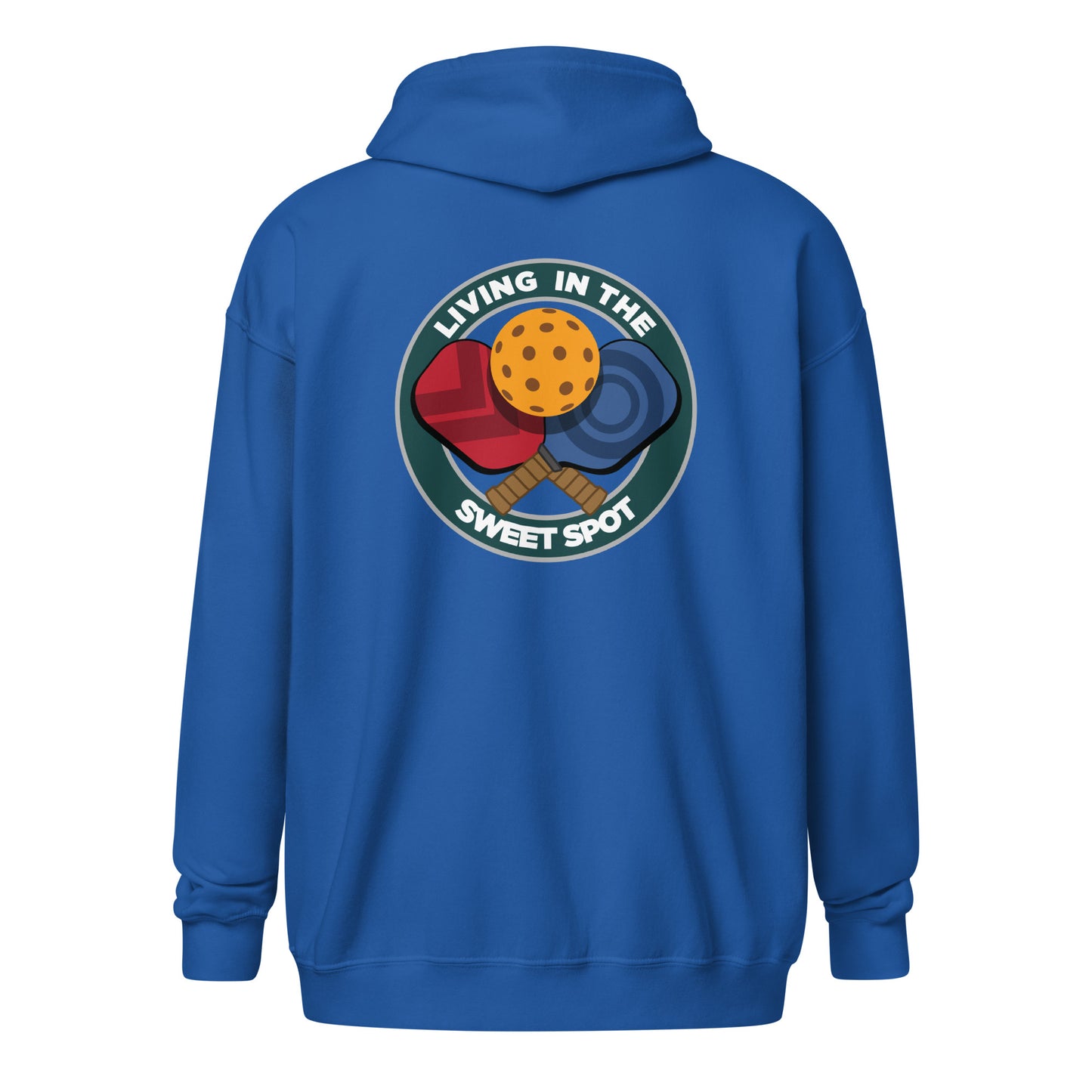 Pickleball Zip Hoodie - "Living in the Sweet Spot" - Crossed Paddles (pocket + back) - DocDink.com