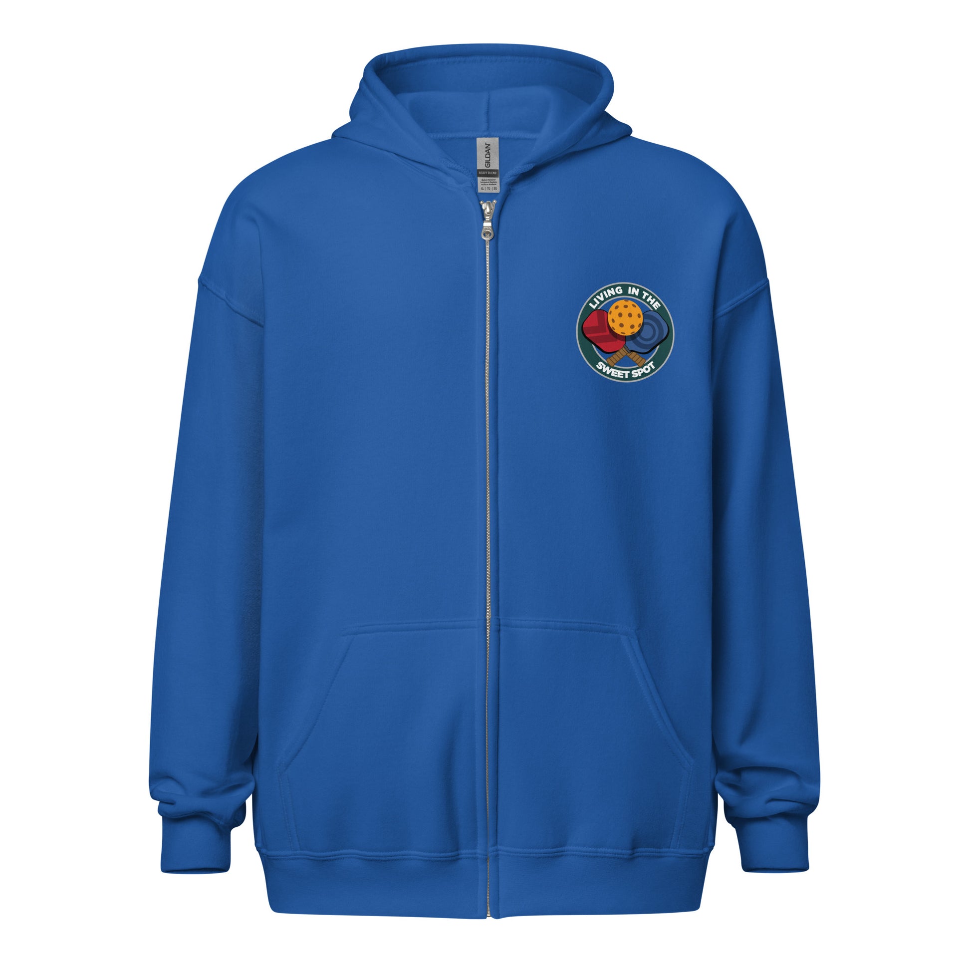 Pickleball Zip Hoodie - "Living in the Sweet Spot" - Crossed Paddles (pocket + back) - DocDink.com