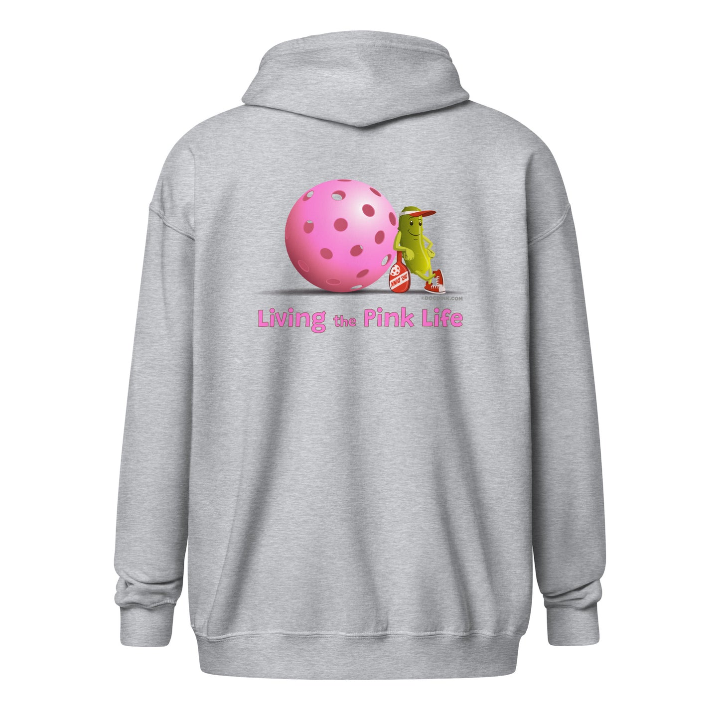 Heavy Zip Hoodie - Resting Pickleball - "Living the Pink Life" (back) + Pink Pickleball (pocket) - DocDink.com