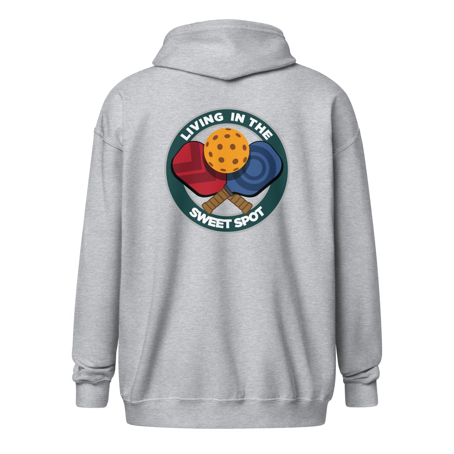 Pickleball Zip Hoodie - "Living in the Sweet Spot" - Crossed Paddles (pocket + back) - DocDink.com