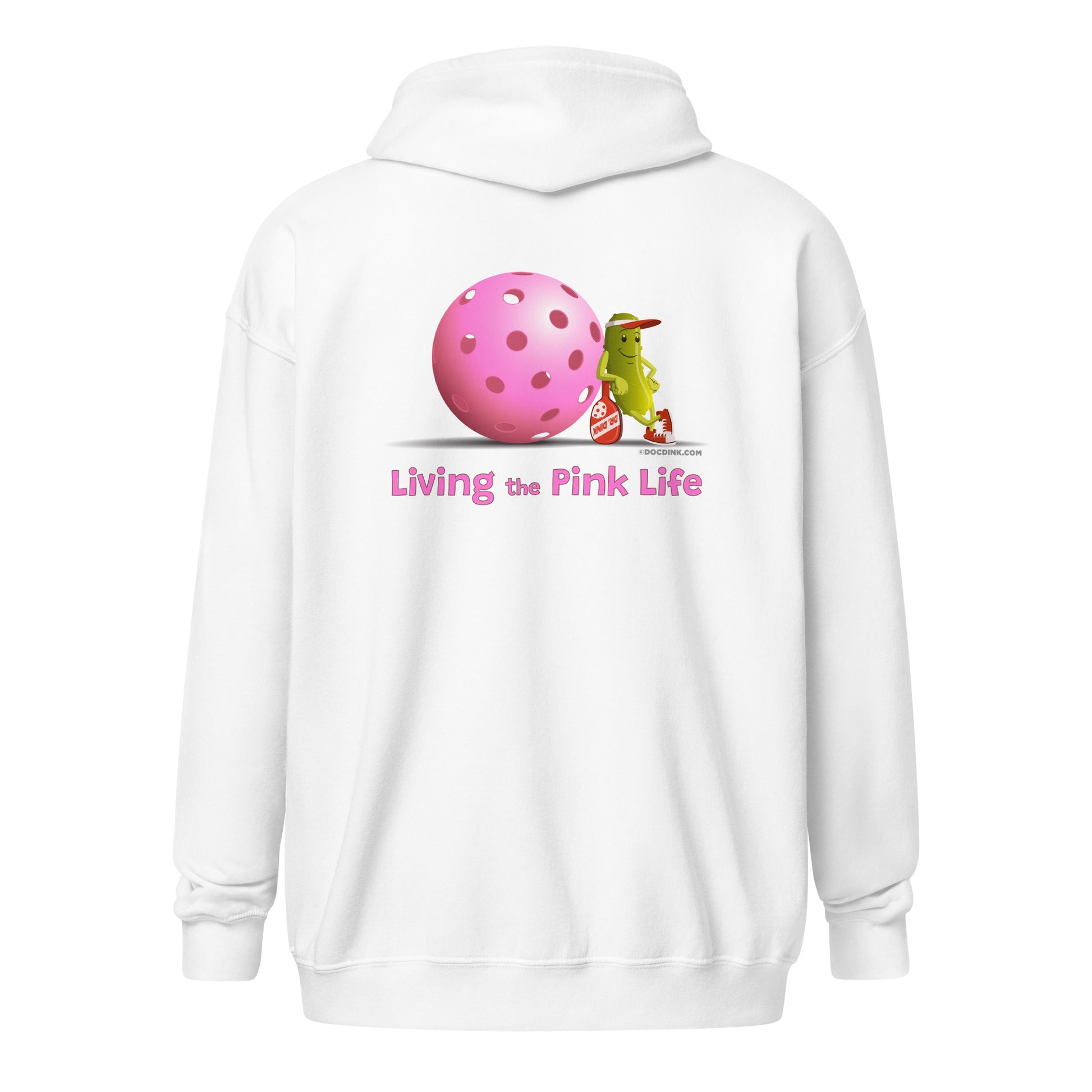 Heavy Zip Hoodie - Resting Pickleball - "Living the Pink Life" (back) + Pink Pickleball (pocket) - DocDink.com