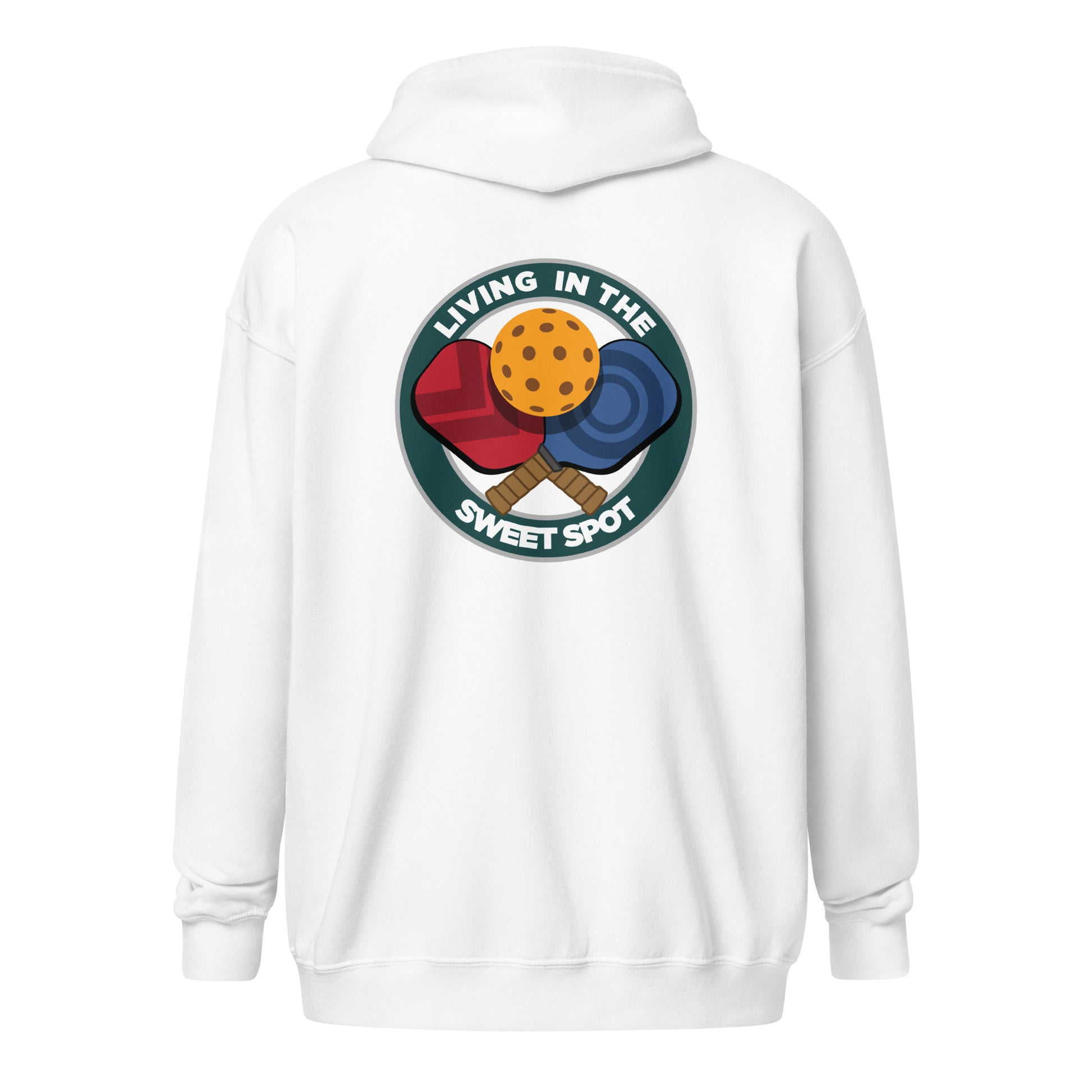 Pickleball Zip Hoodie - "Living in the Sweet Spot" - Crossed Paddles (pocket + back) - DocDink.com