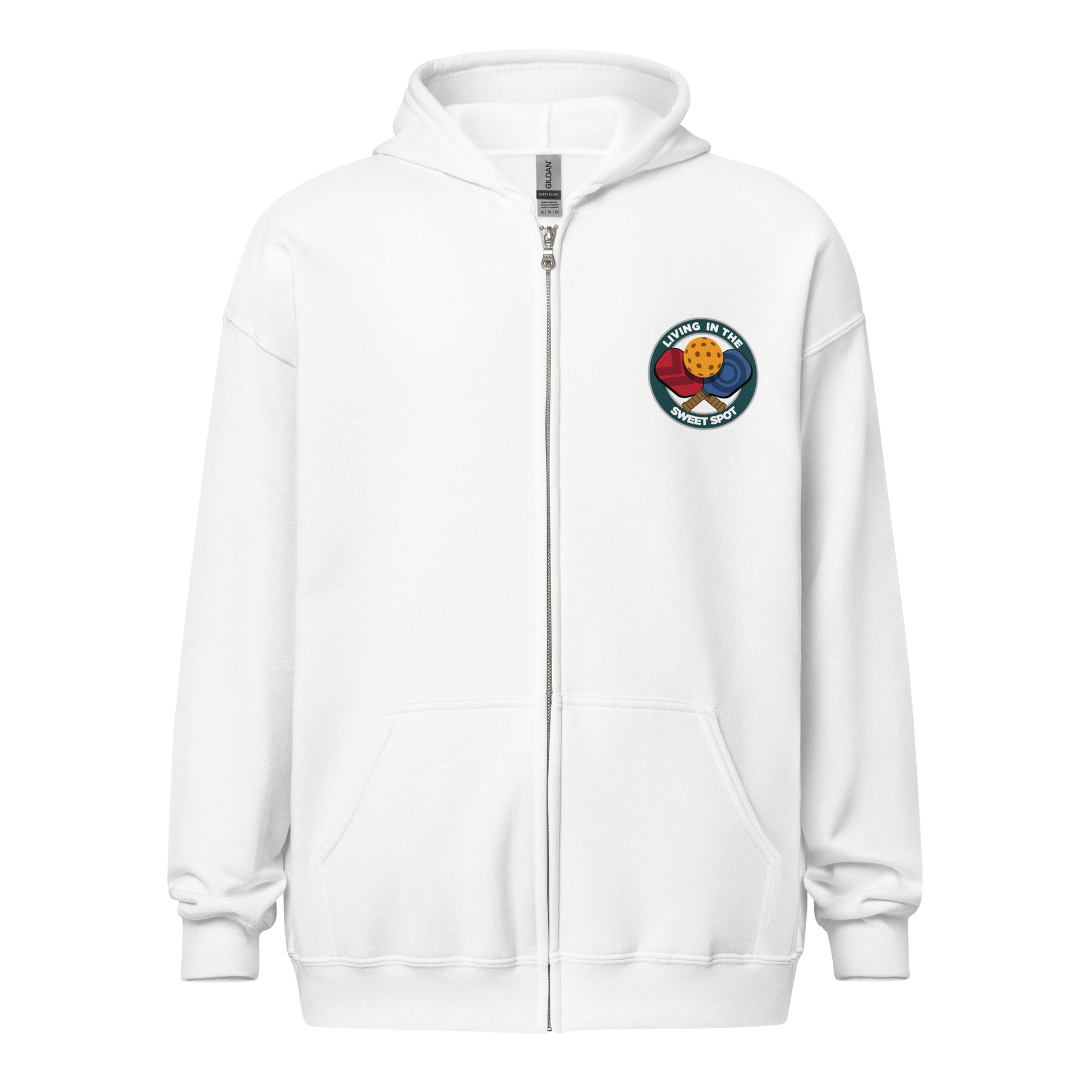 Pickleball Zip Hoodie - "Living in the Sweet Spot" - Crossed Paddles (pocket + back) - DocDink.com