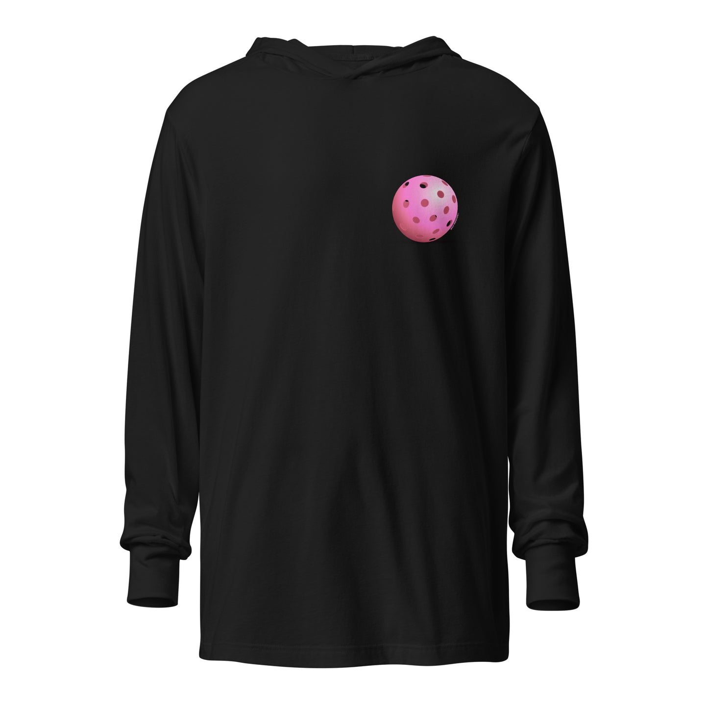 Hooded Long-Sleeve T-shirt - Resting Pickleball - "Living the Pink Life" (back) + Pink Pickleball (pocket) - DocDink.com