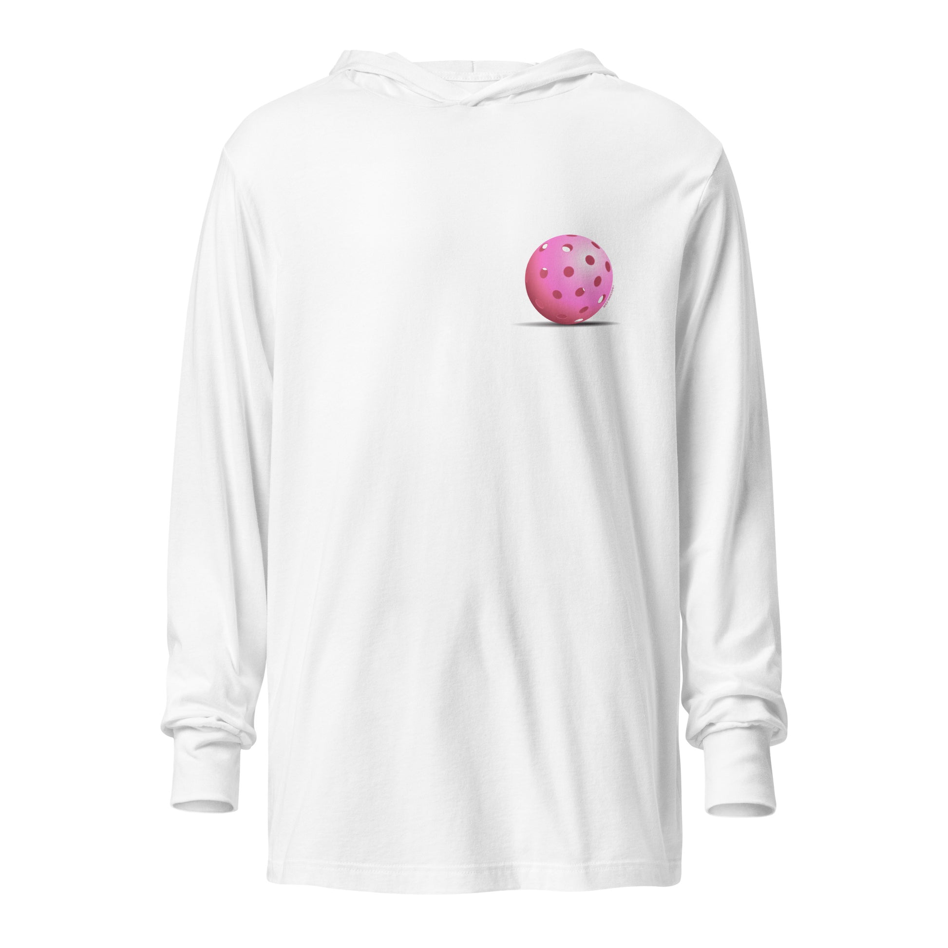 Hooded Long-Sleeve T-shirt - Resting Pickleball - "Living the Pink Life" (back) + Pink Pickleball (pocket) - DocDink.com