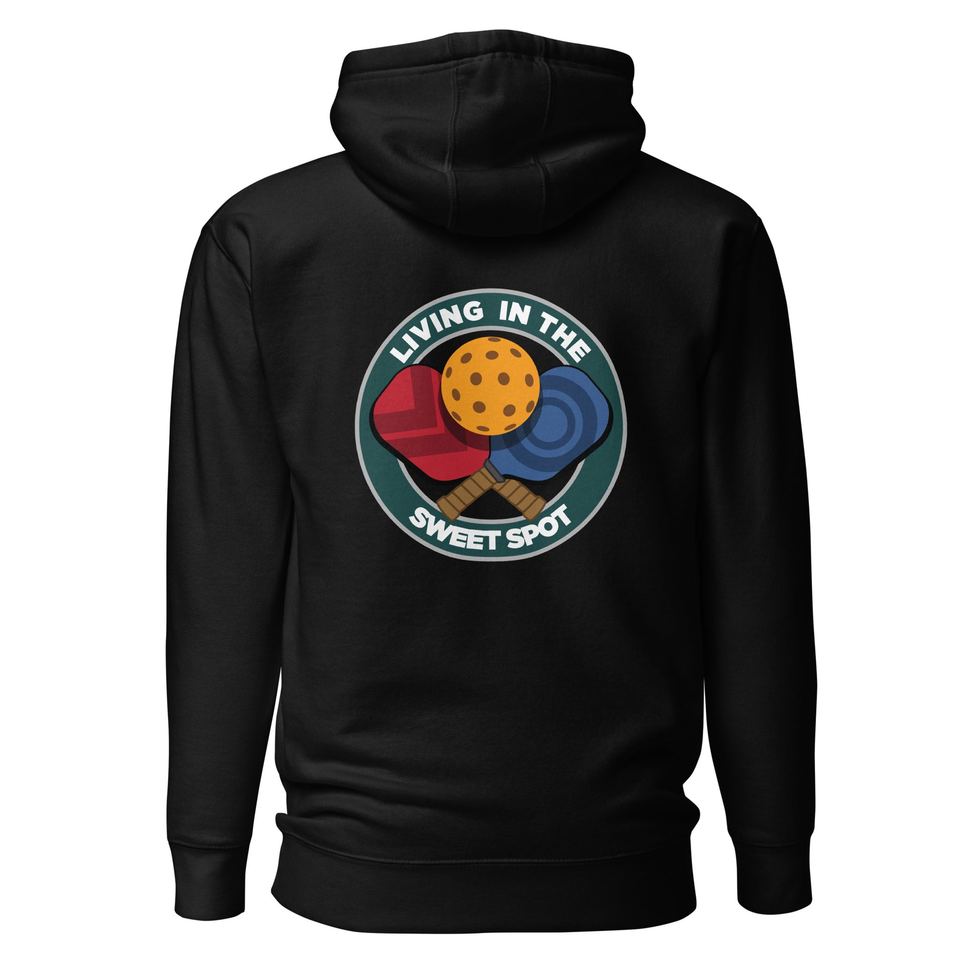 Warm Pickleball Hoodie - "Living in the Sweet Spot" - Crossed Paddles (pocket + back) - DocDink.com