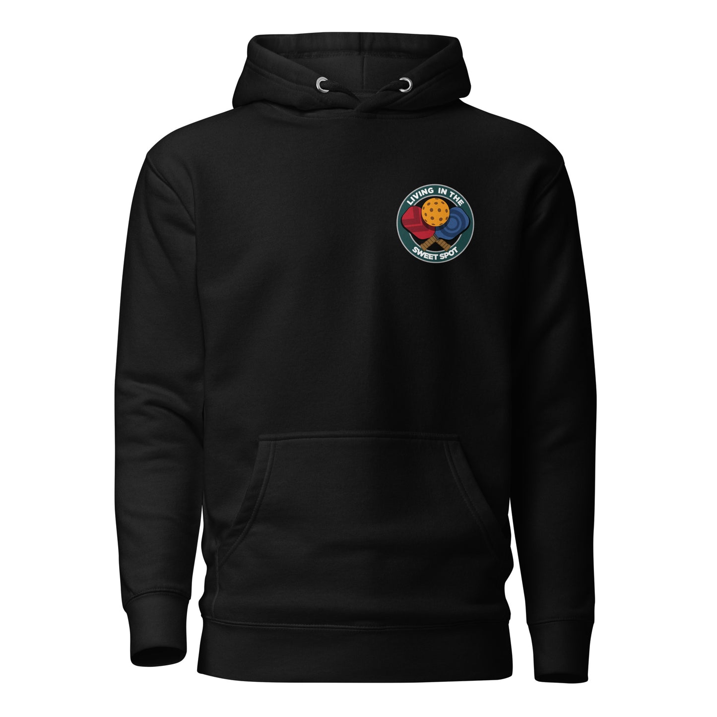 Warm Pickleball Hoodie - "Living in the Sweet Spot" - Crossed Paddles (pocket) - DocDink.com