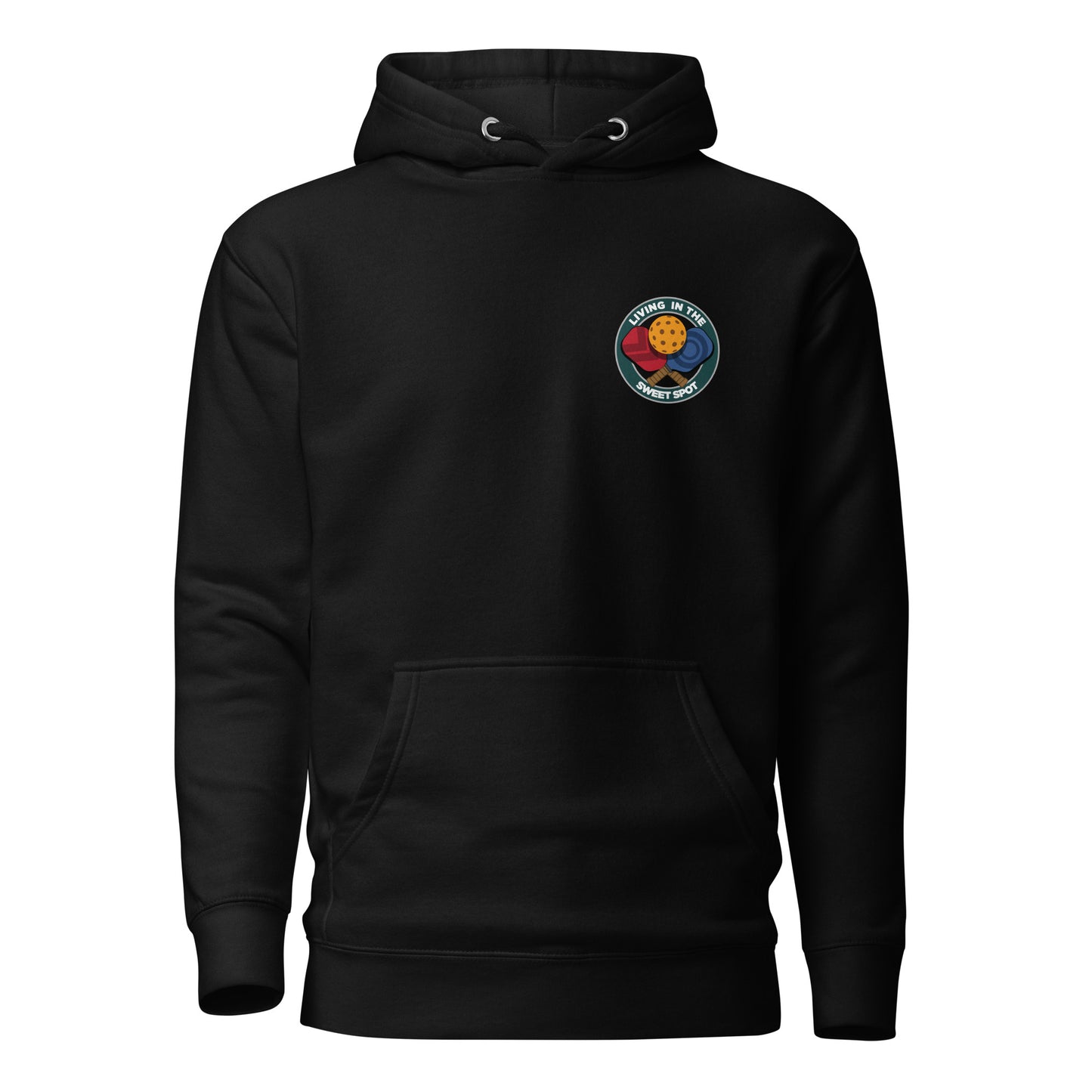 Warm Pickleball Hoodie - "Living in the Sweet Spot" - Crossed Paddles (pocket + back) - DocDink.com