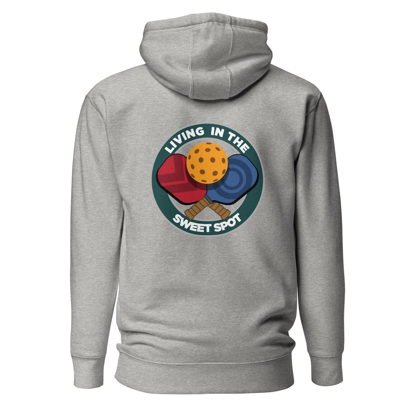 Warm Pickleball Hoodie - "Living in the Sweet Spot" - Crossed Paddles (pocket + back) - DocDink.com