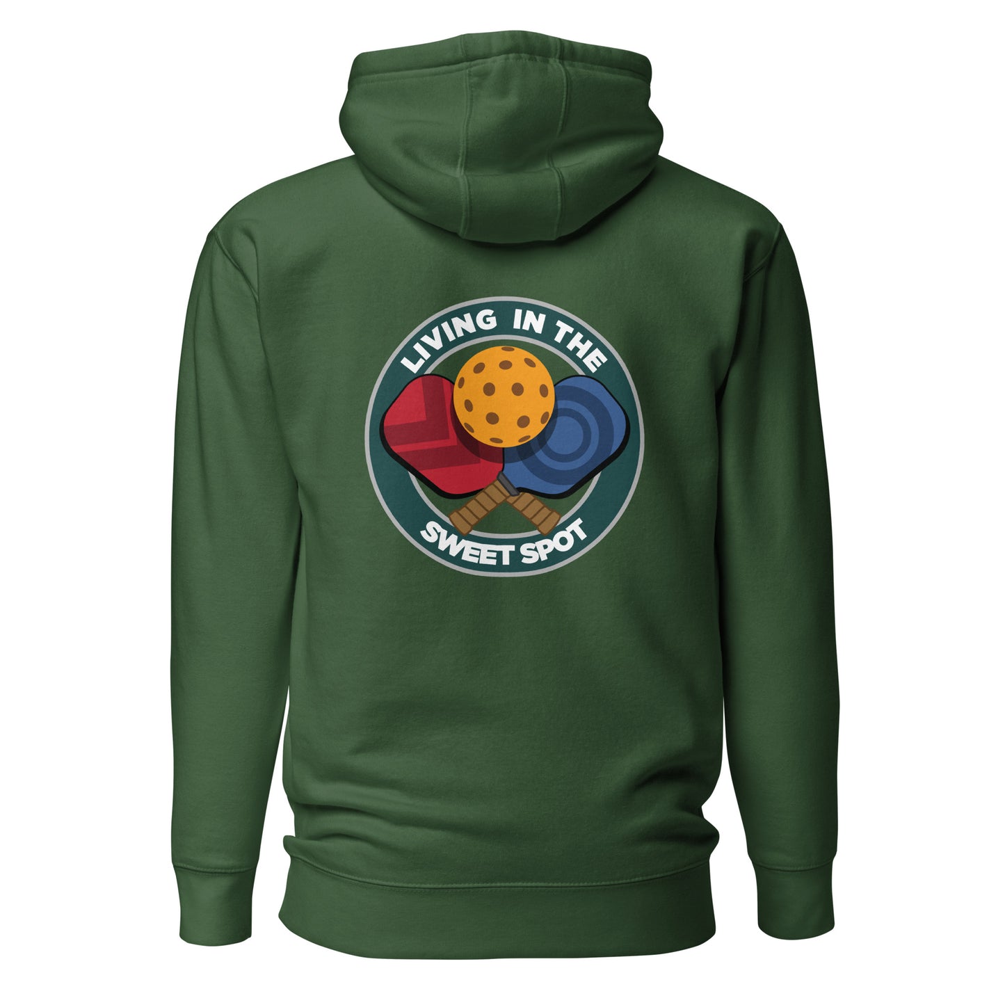 Warm Pickleball Hoodie - "Living in the Sweet Spot" - Crossed Paddles (pocket + back) - DocDink.com