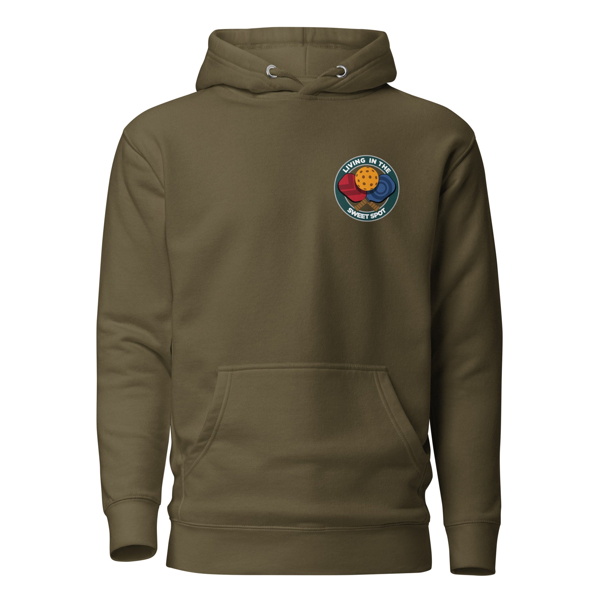 Warm Pickleball Hoodie - "Living in the Sweet Spot" - Crossed Paddles (pocket) - DocDink.com