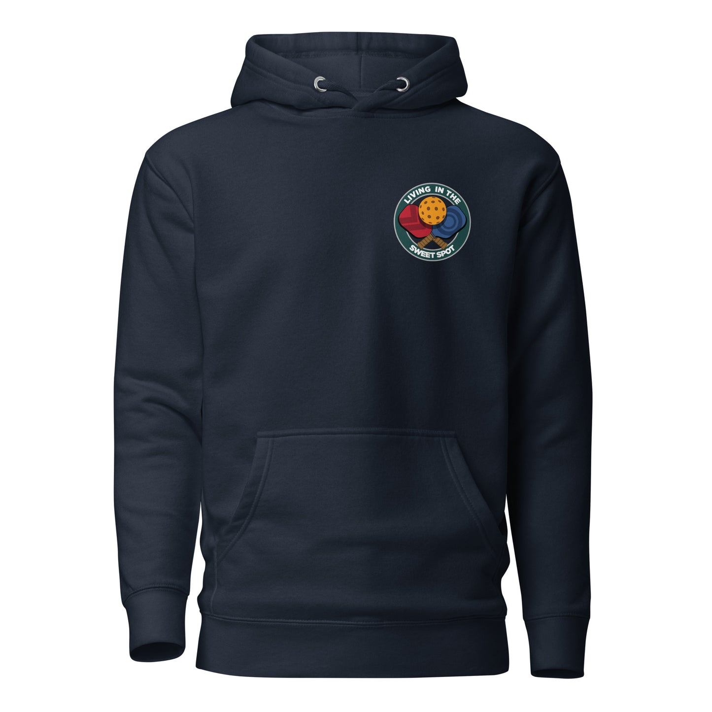 Warm Pickleball Hoodie - "Living in the Sweet Spot" - Crossed Paddles (pocket) - DocDink.com