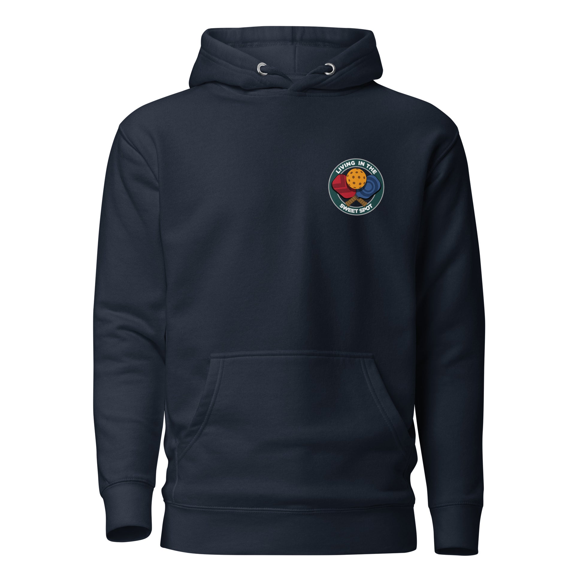 Warm Pickleball Hoodie - "Living in the Sweet Spot" - Crossed Paddles (pocket + back) - DocDink.com