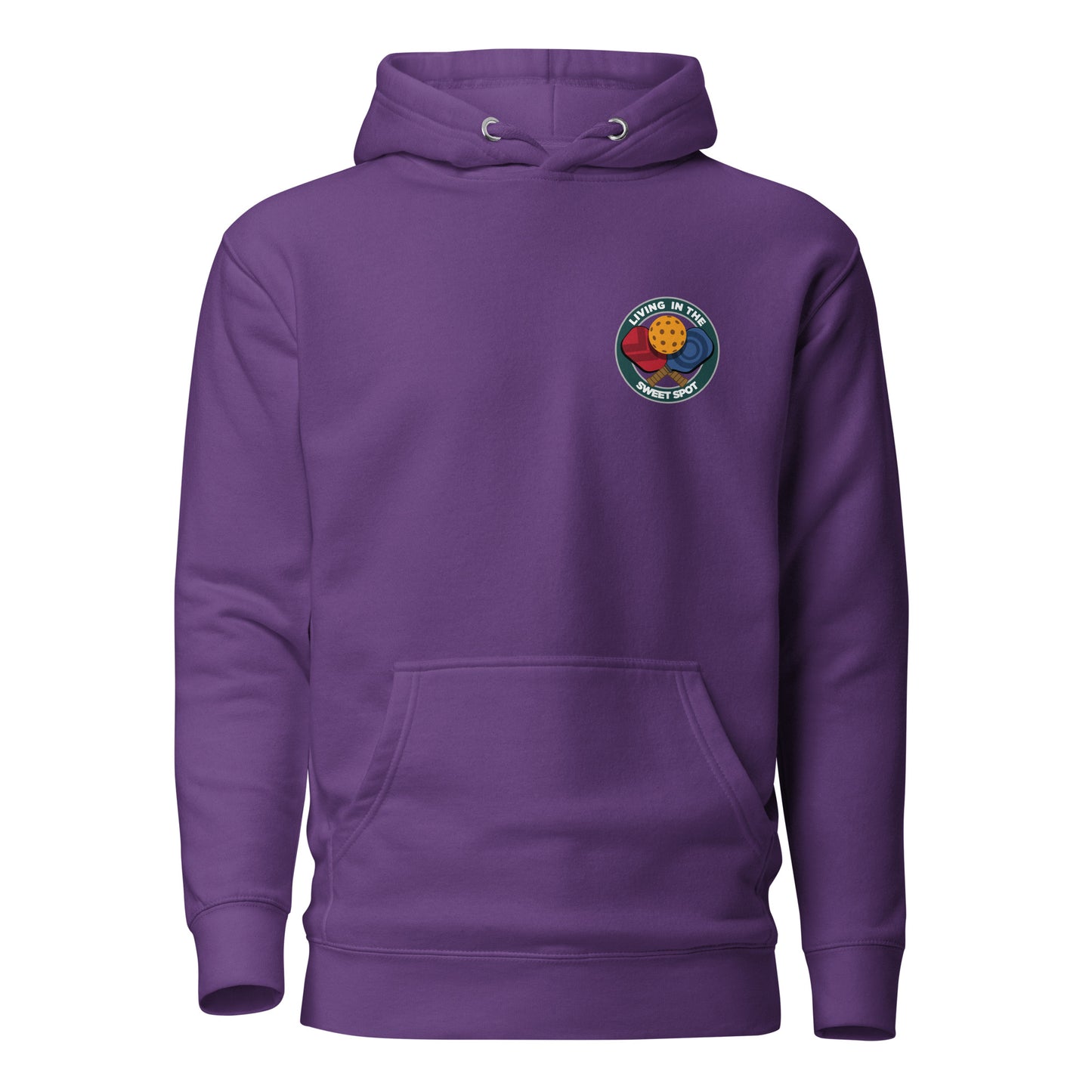 Warm Pickleball Hoodie - "Living in the Sweet Spot" - Crossed Paddles (pocket + back) - DocDink.com