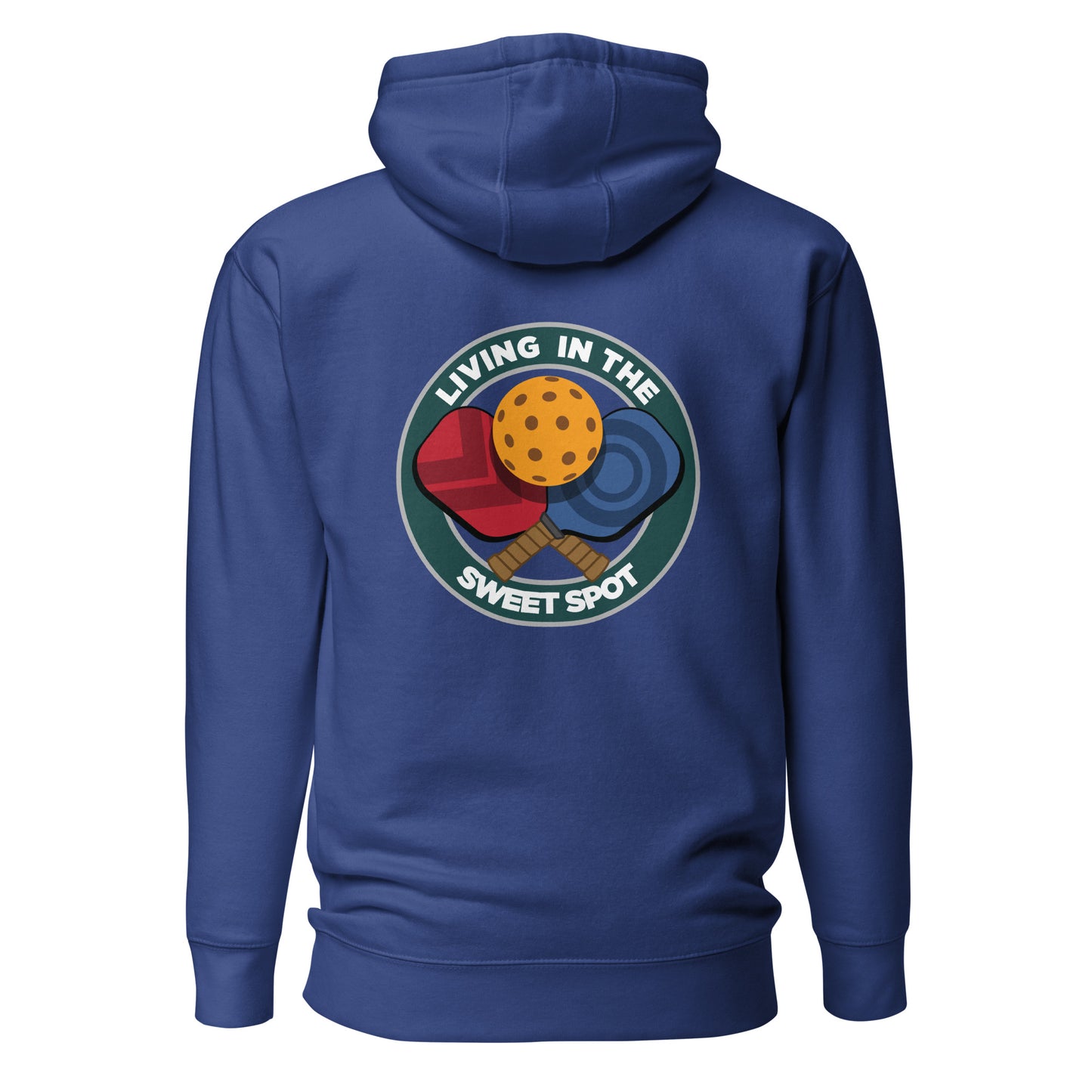 Warm Pickleball Hoodie - "Living in the Sweet Spot" - Crossed Paddles (pocket + back) - DocDink.com