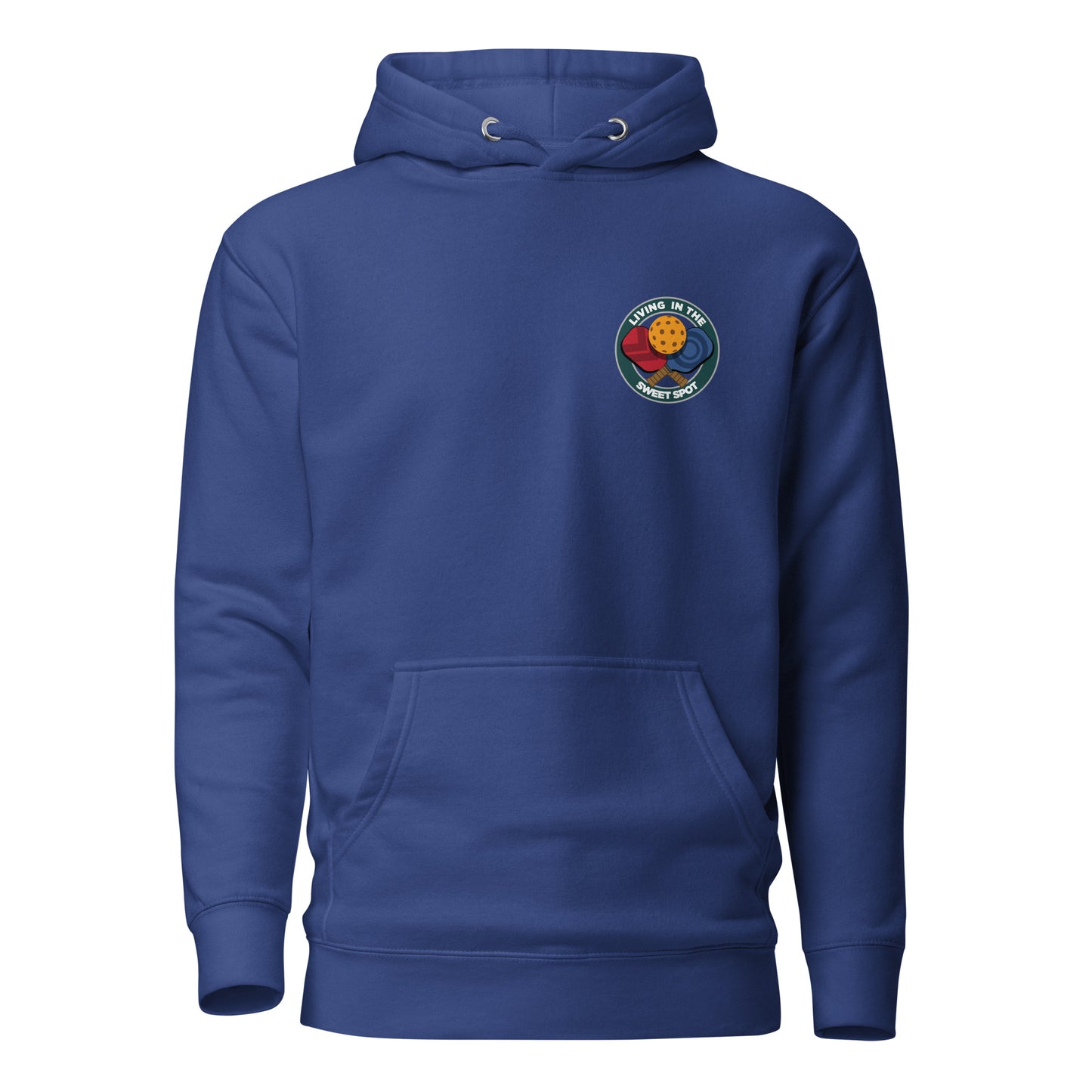 Warm Pickleball Hoodie - "Living in the Sweet Spot" - Crossed Paddles (pocket + back) - DocDink.com