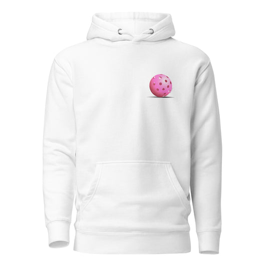 Warm Pickleball Hoodie - Resting Pickleball "Living the Pink Life" (back) + Pink Pickleball (pocket) - DocDink.com