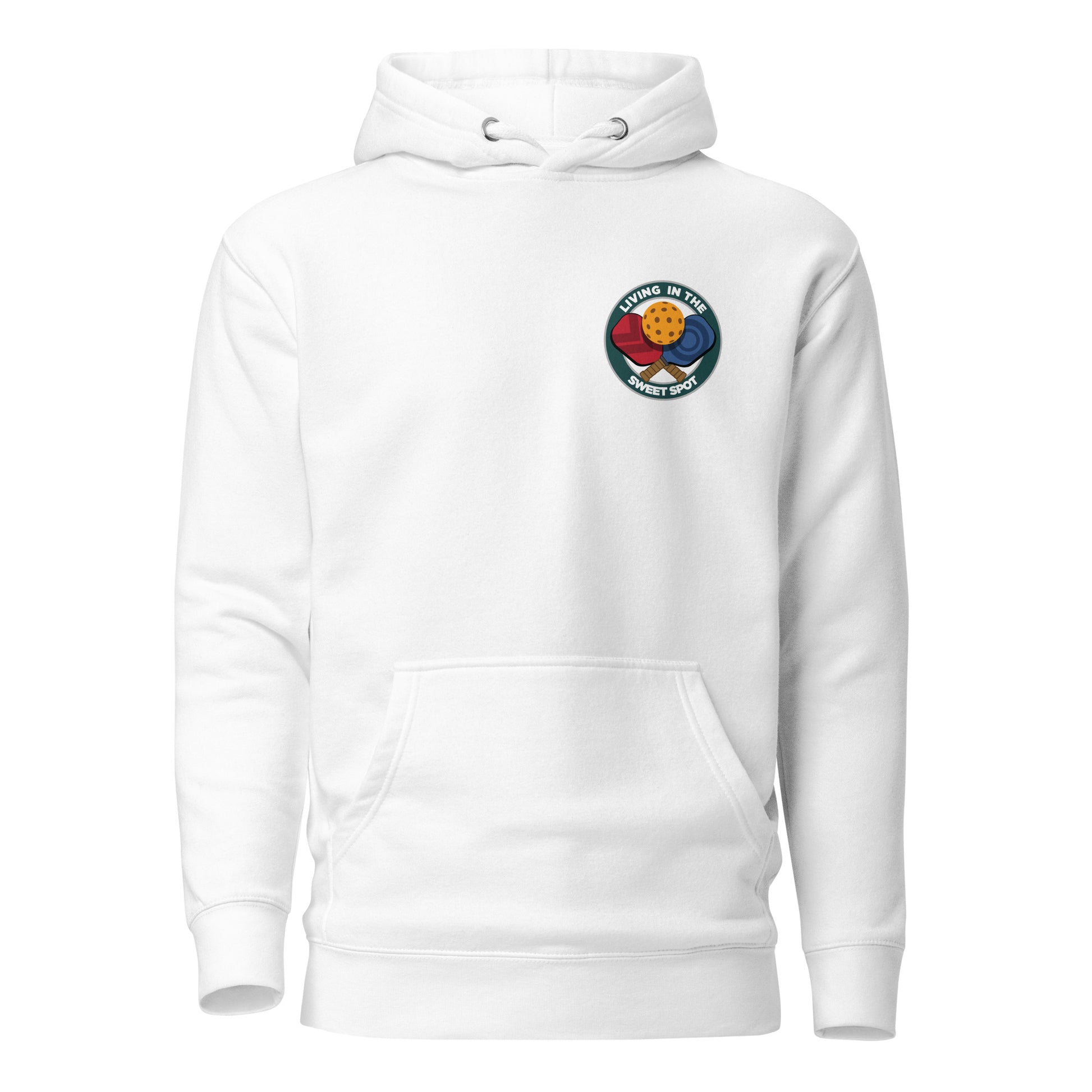 Warm Pickleball Hoodie - "Living in the Sweet Spot" - Crossed Paddles (pocket) - DocDink.com