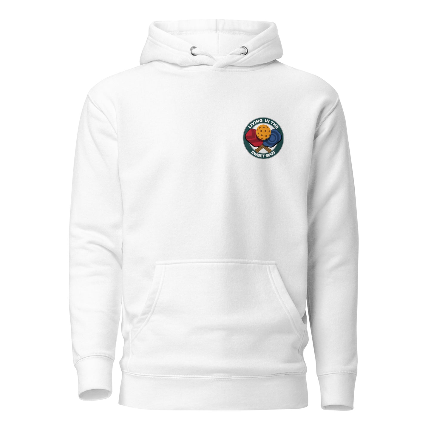 Warm Pickleball Hoodie - "Living in the Sweet Spot" - Crossed Paddles (pocket + back) - DocDink.com