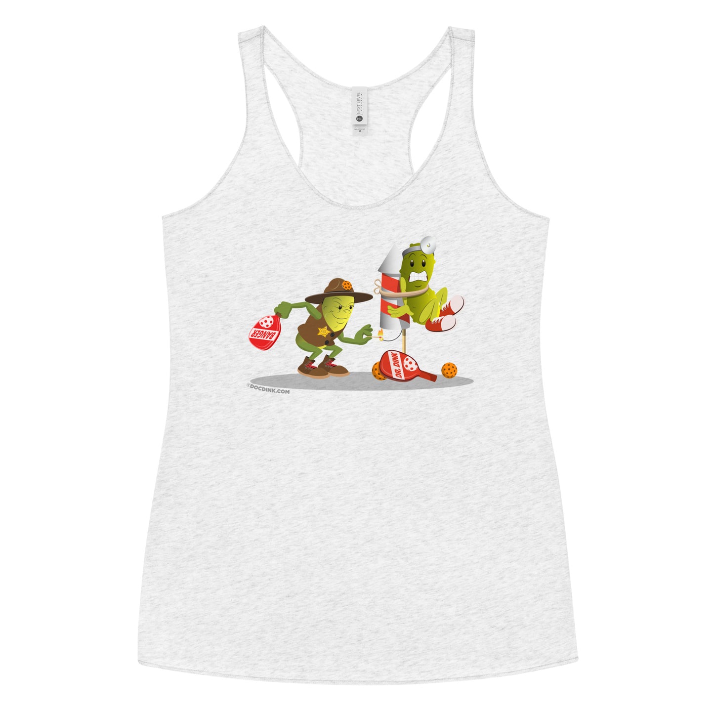 Women's Racerback Pickleball Tank Top - Dr. Dink vs Sgt. Banger - Light it up! - DocDink.com