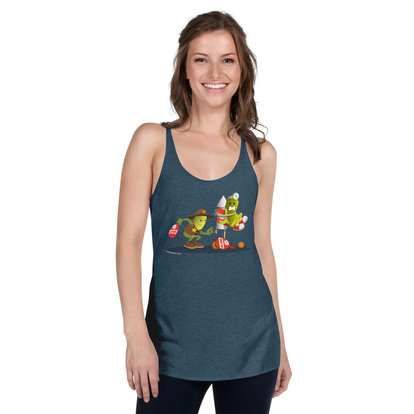 Women's Racerback Pickleball Tank Top - Dr. Dink vs Sgt. Banger - Light it up! - DocDink.com