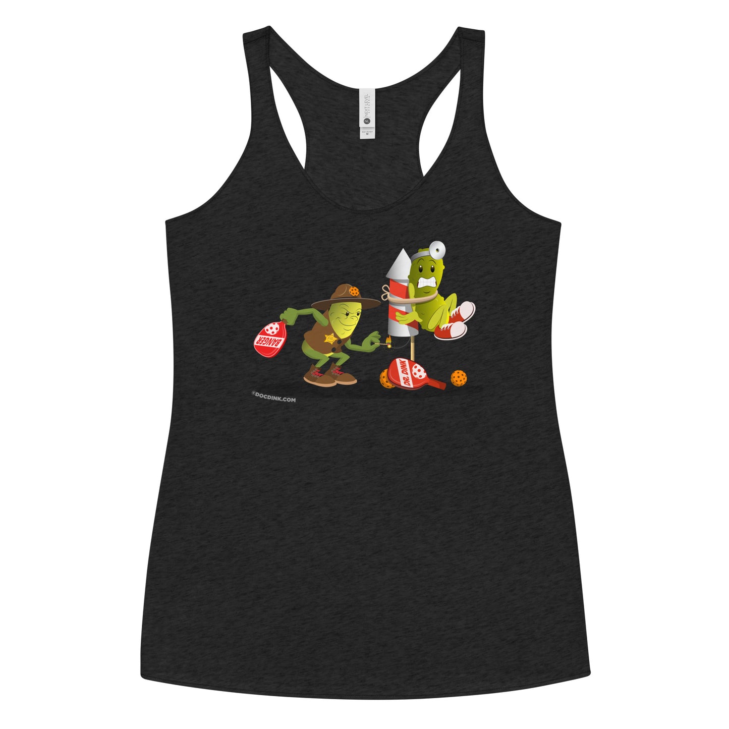 Women's Racerback Pickleball Tank Top - Dr. Dink vs Sgt. Banger - Light it up! - DocDink.com