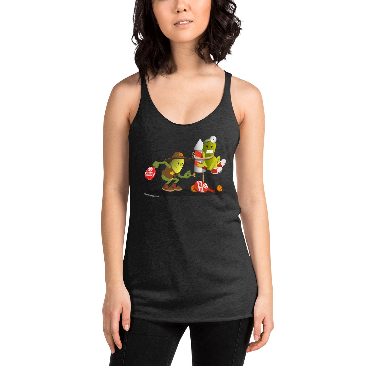 Women's Racerback Pickleball Tank Top - Dr. Dink vs Sgt. Banger - Light it up! - DocDink.com