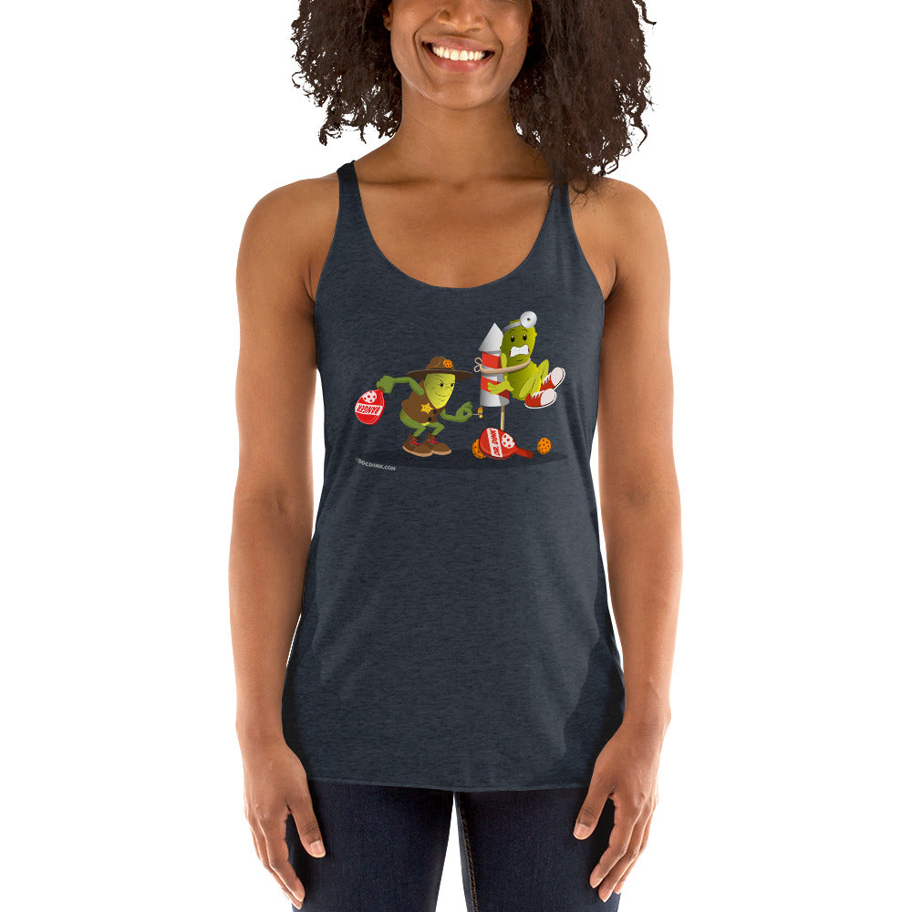 Women's Racerback Pickleball Tank Top - Dr. Dink vs Sgt. Banger - Light it up! - DocDink.com