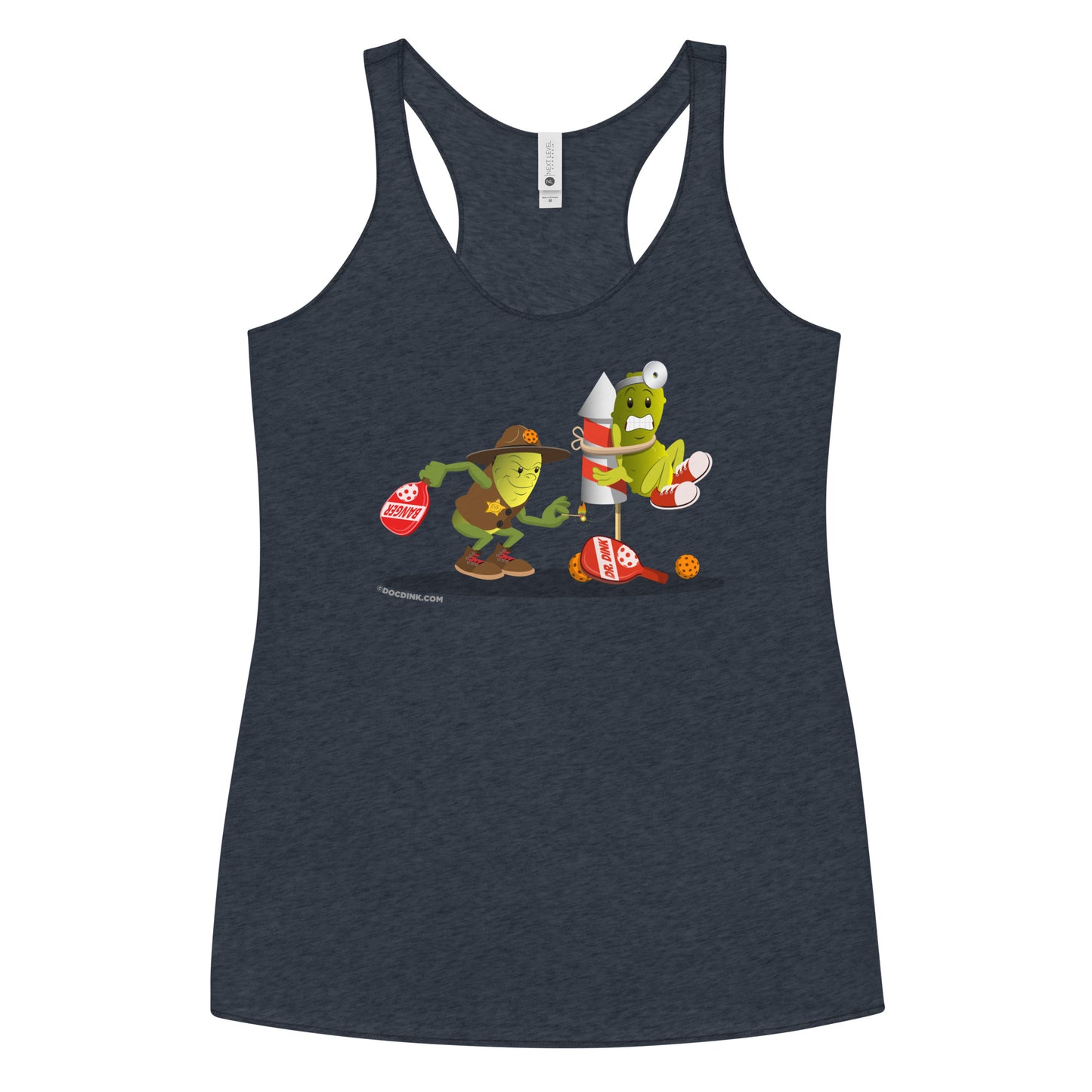 Women's Racerback Pickleball Tank Top - Dr. Dink vs Sgt. Banger - Light it up! - DocDink.com