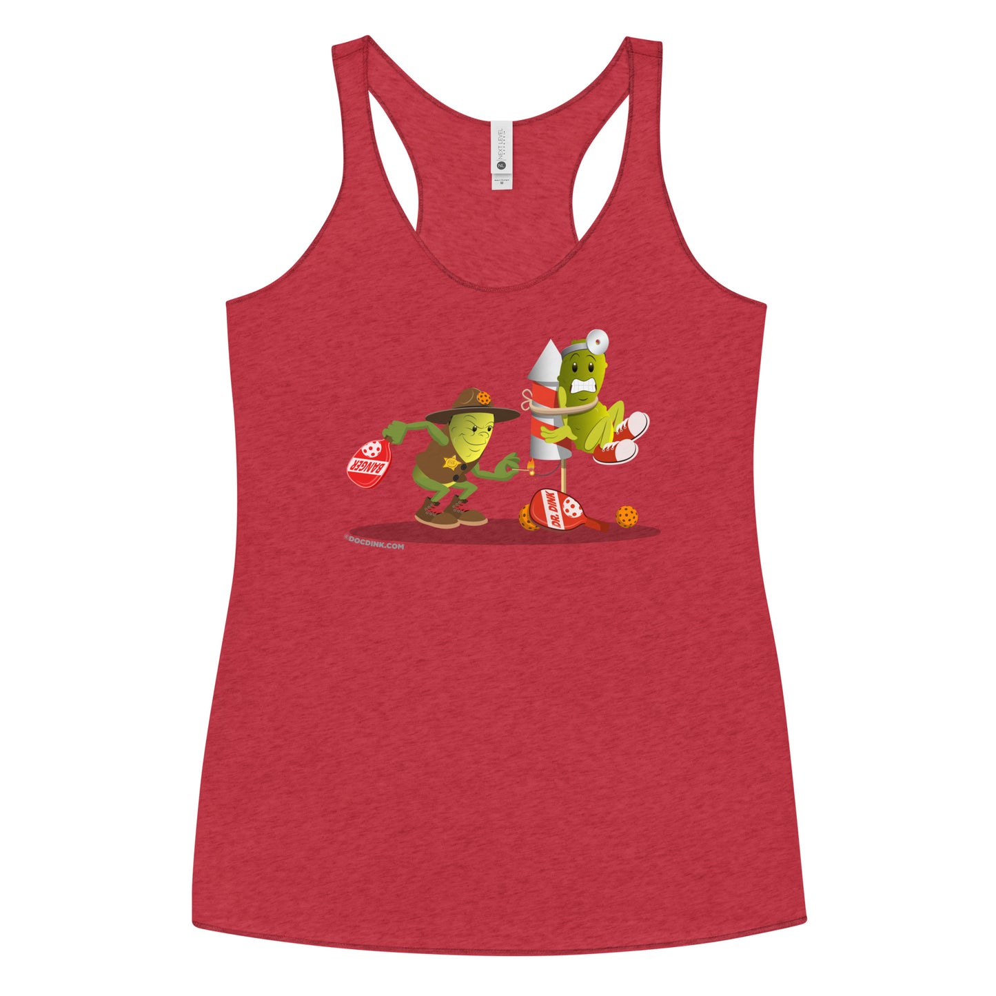 Women's Racerback Pickleball Tank Top - Dr. Dink vs Sgt. Banger - Light it up! - DocDink.com