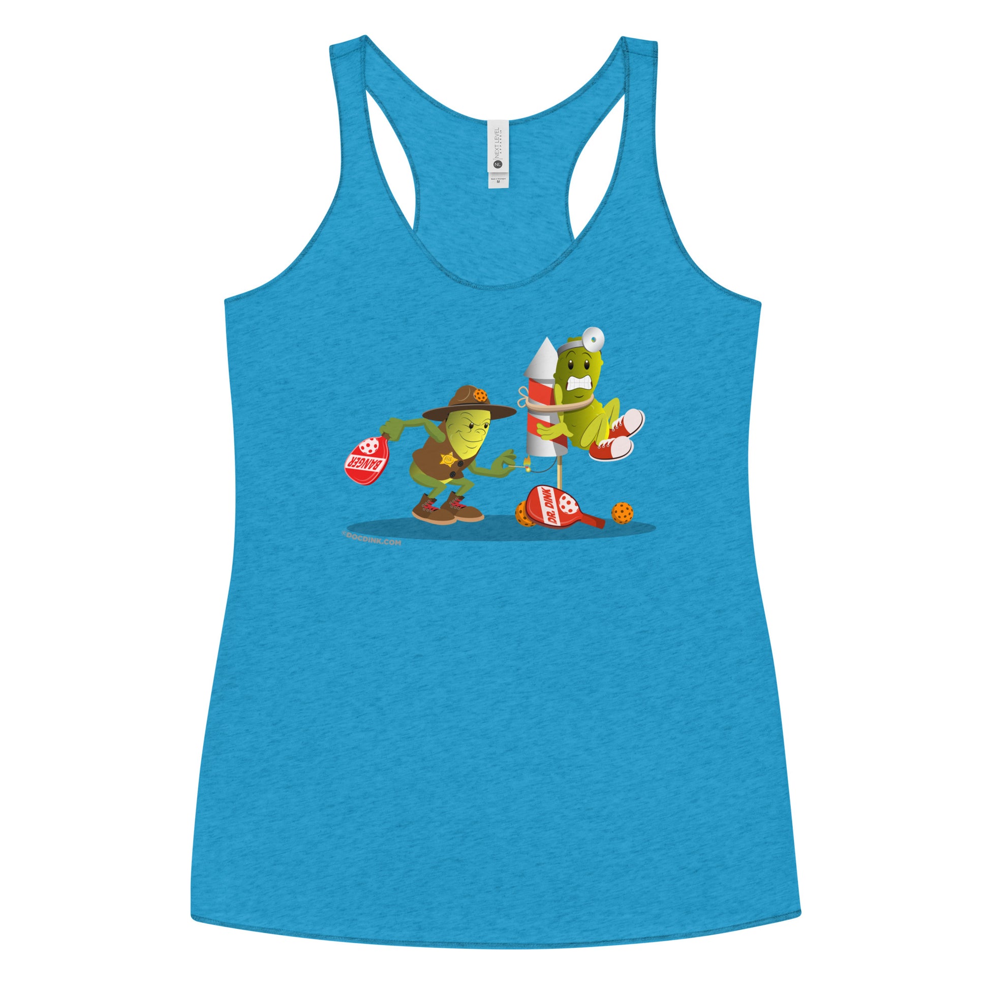 Women's Racerback Pickleball Tank Top - Dr. Dink vs Sgt. Banger - Light it up! - DocDink.com